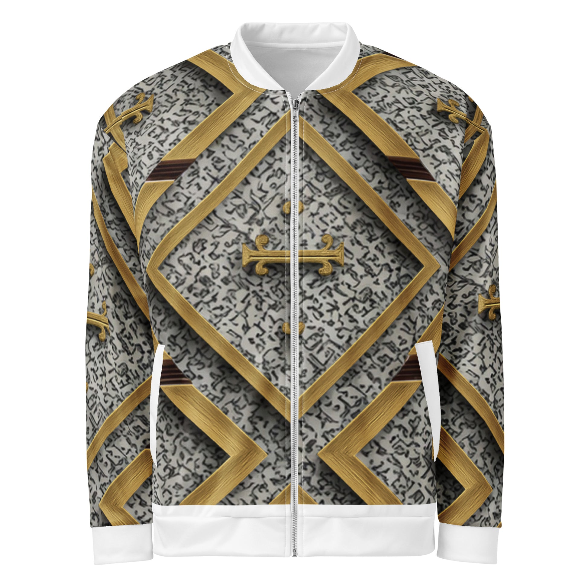Cross Luxe Cross Bomber Jacket front view with gold and grey cross pattern
