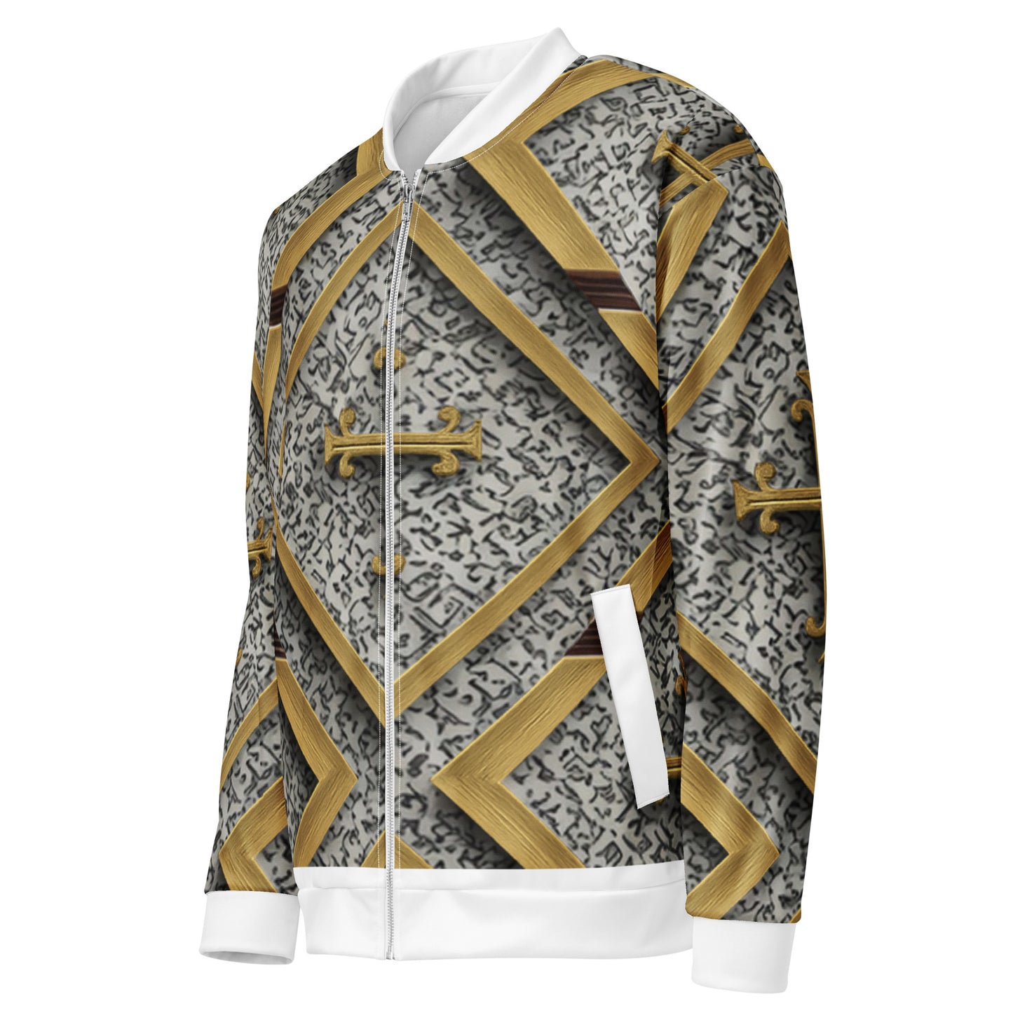 Cross Luxe Cross Bomber Jacket side profile with geometric cross layout view