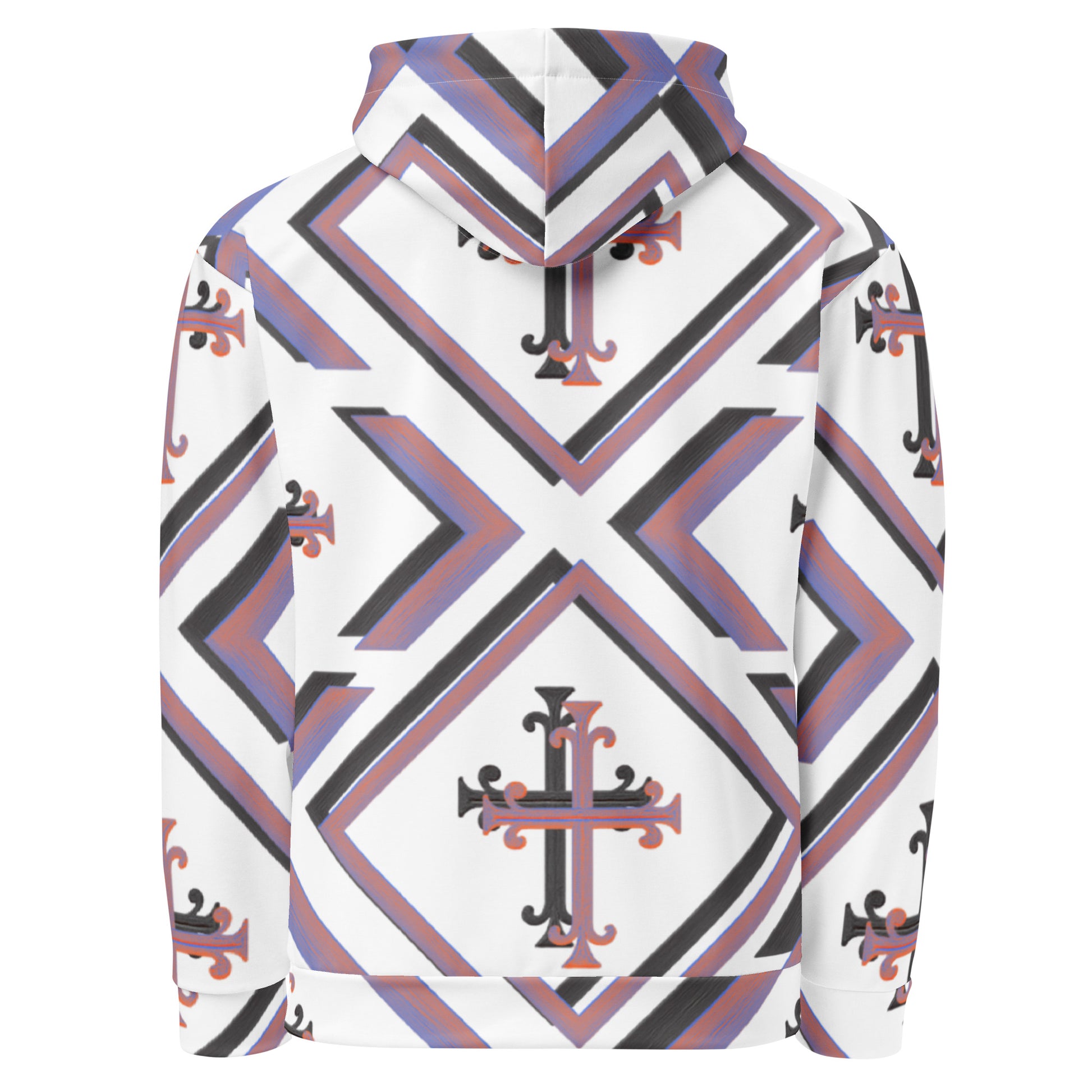 Cross Luxe hoodie back view with geometric cross pattern
