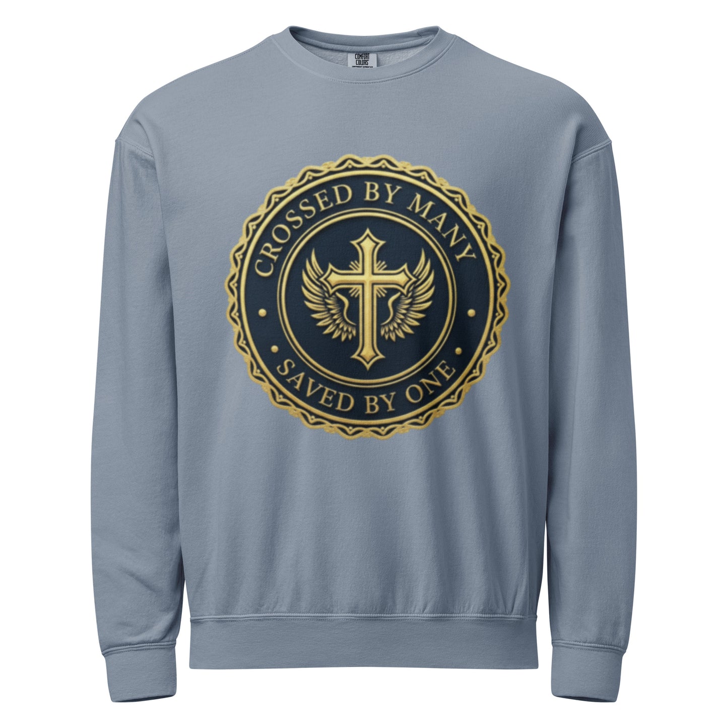 Crossed by Many Saved by One blue jean unisex crewneck sweatshirt front view
