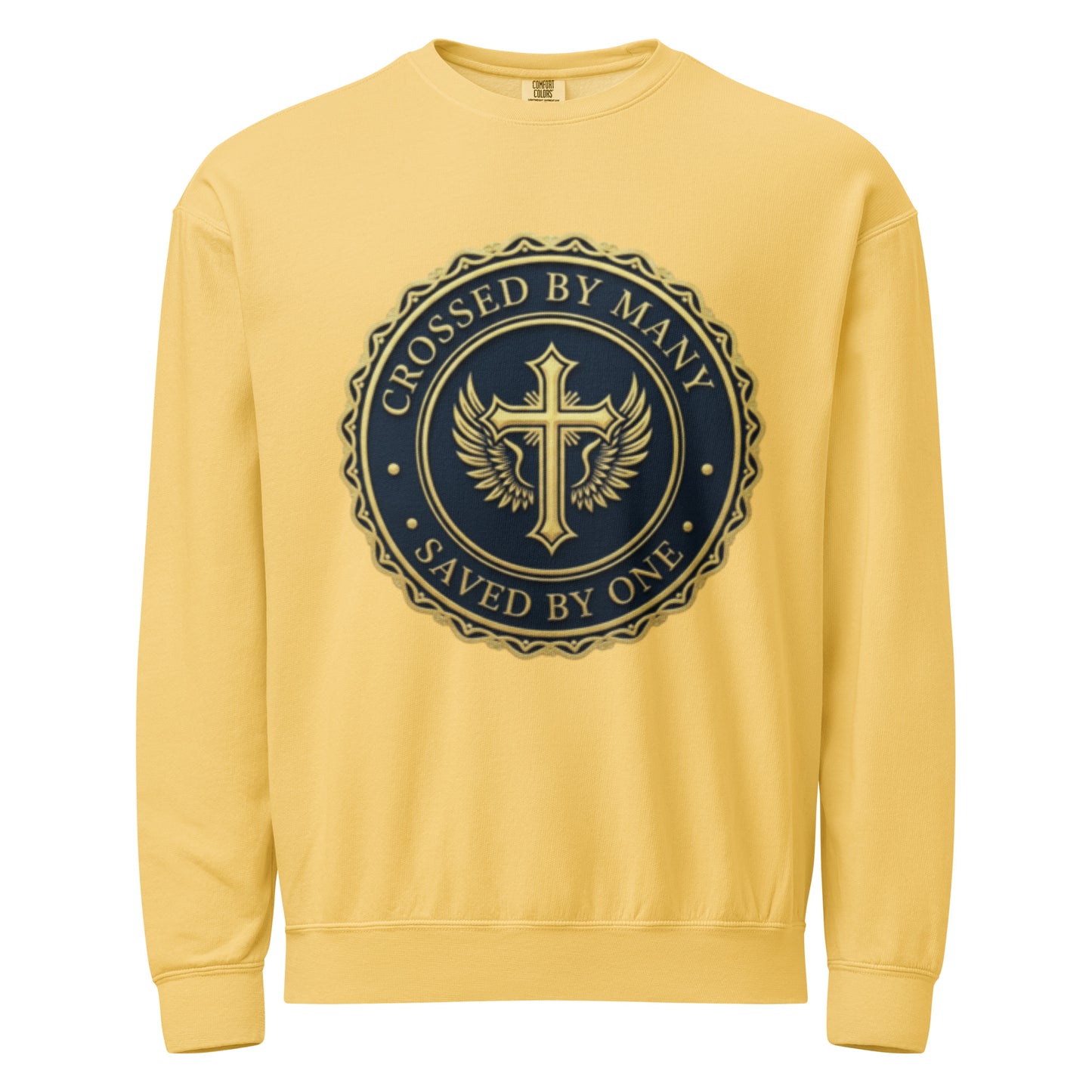 Crossed by Many Saved by One butter unisex crewneck sweatshirt front view