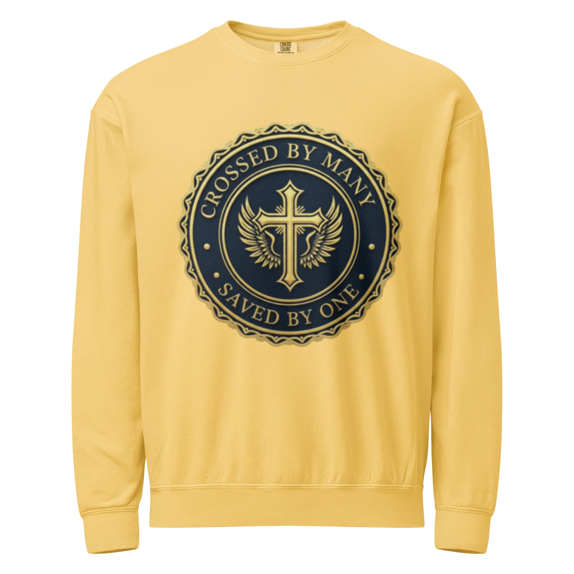 Crossed by Many Saved by One butter unisex crewneck sweatshirt front view