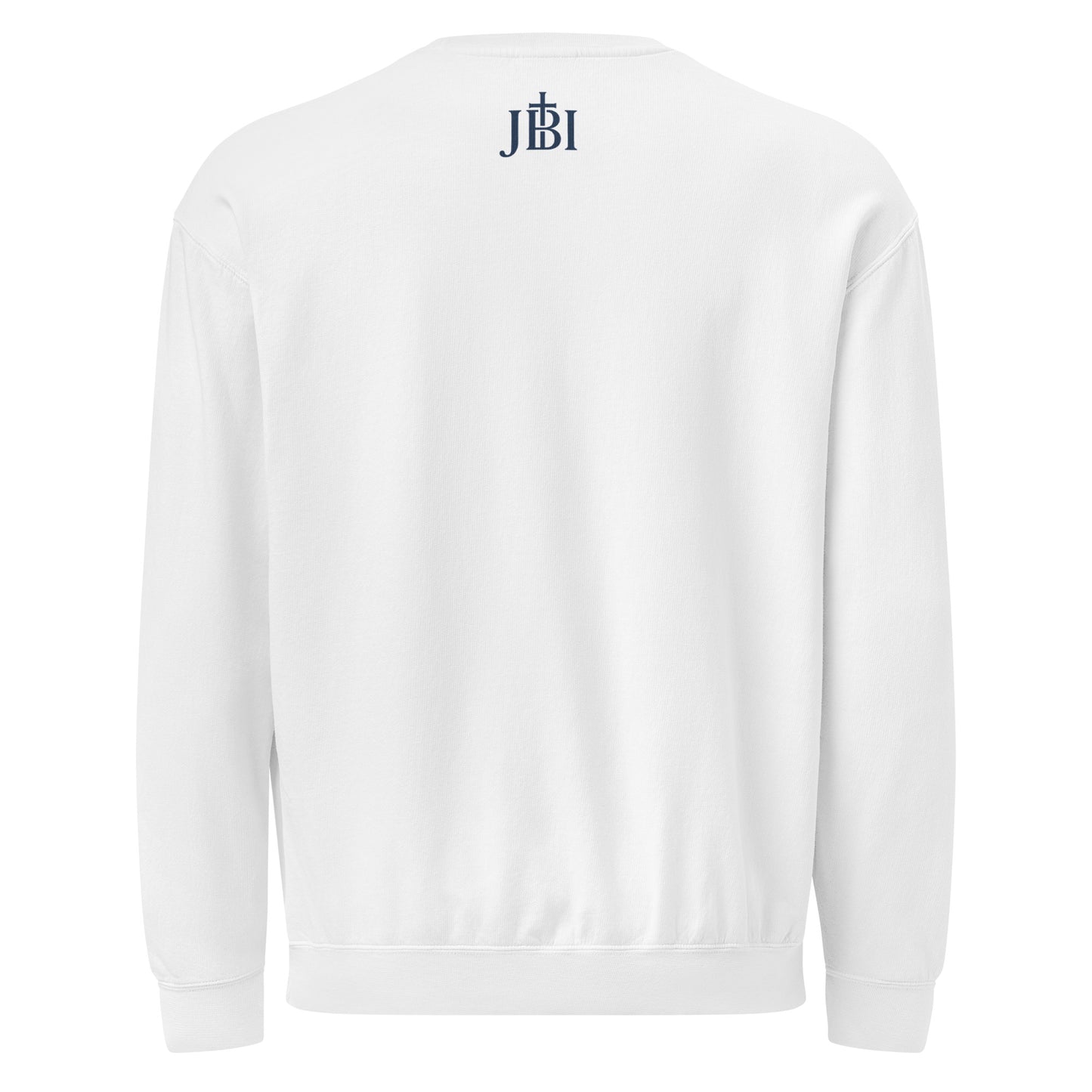 Crossed by Many Saved by One white crewneck sweatshirt back view