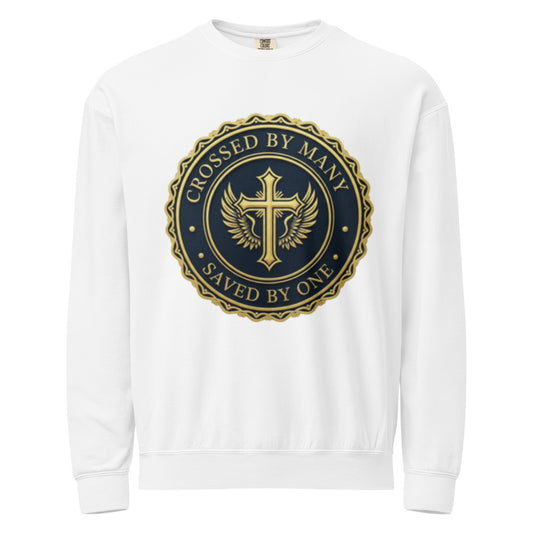 Crossed by Many Saved by One white unisex crewneck sweatshirt front view