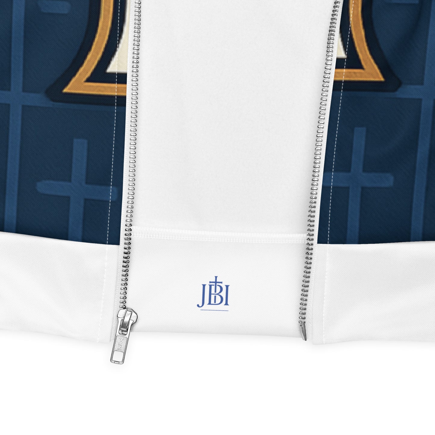Divine Wings Bomber – Navy, full view with a close-up of the zippered front and brand logo
