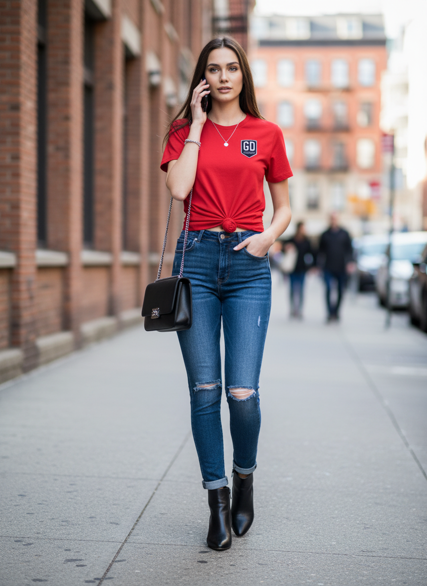 “Lifestyle photo of woman wearing red JBI tee walking in city street.”