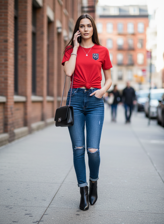 “Lifestyle photo of woman wearing red JBI tee walking in city street.”