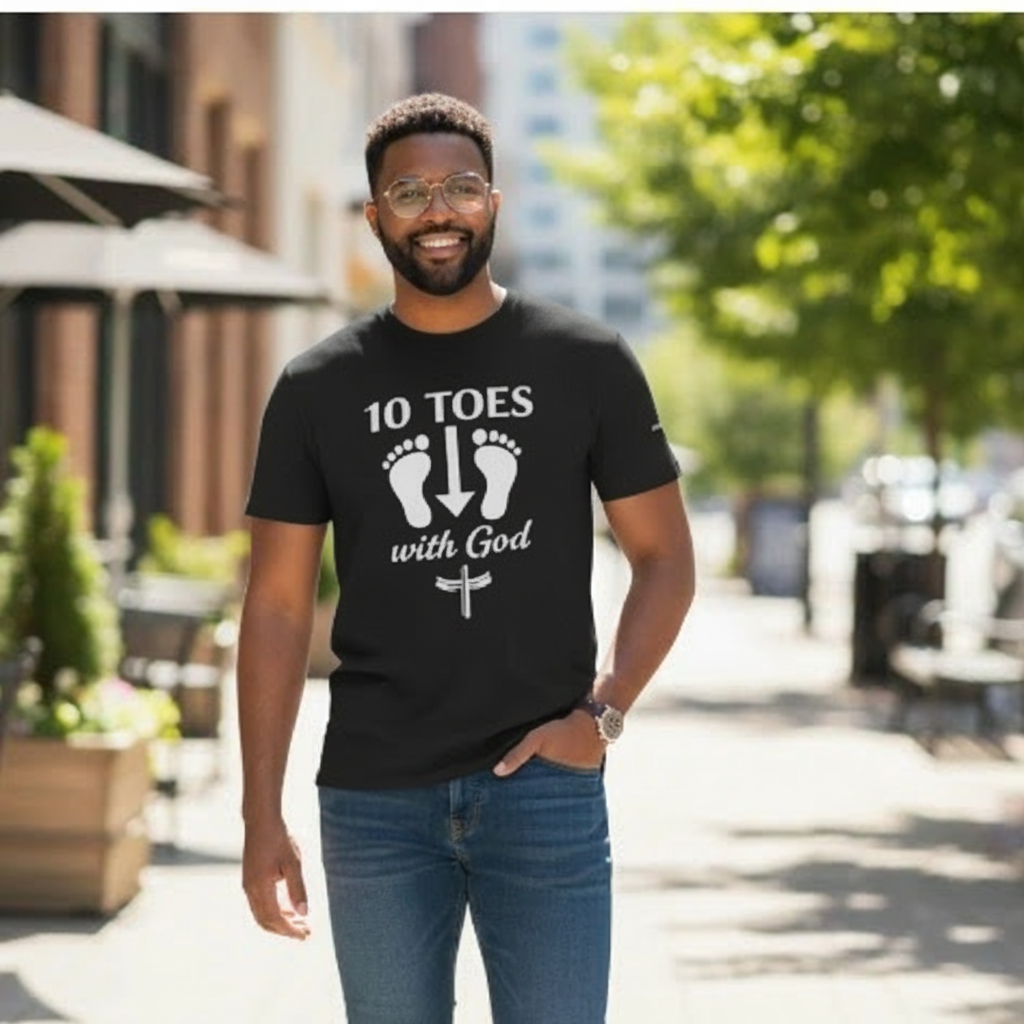 “Man wearing the 10 Toes Down With God black tee walking outdoors in a casual street setting.”