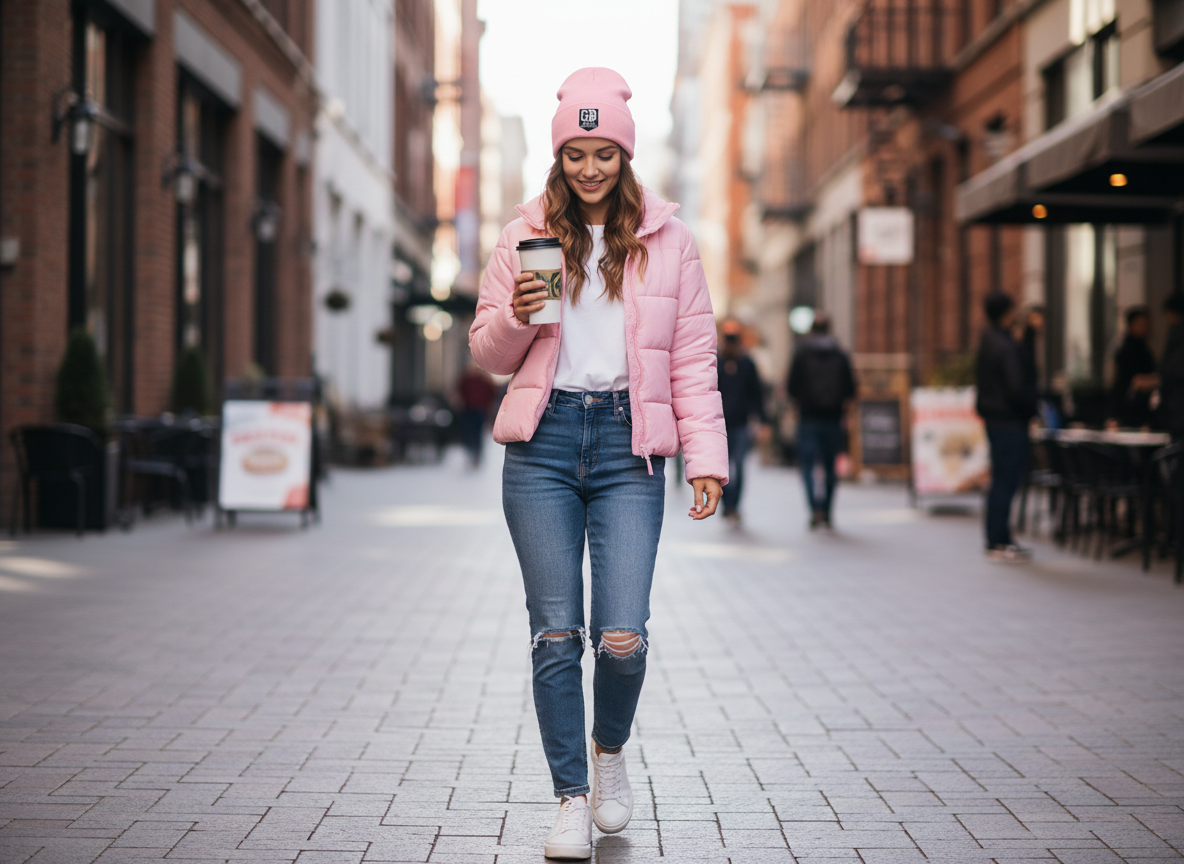 “Model wearing the God’s Disciple knit beanie in downtown streetwear setting.”