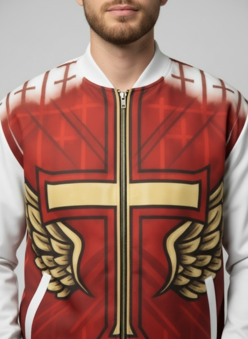 Close-up of red and white cross jacket chest design