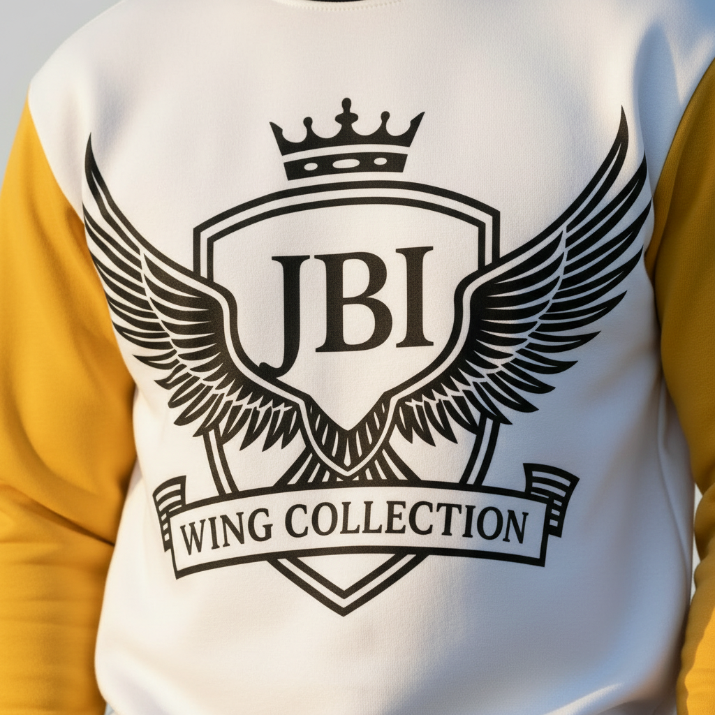 “Close-up of the JBI Wings Crest with crown on the long sleeve, highlighting premium print quality and bold design.”
