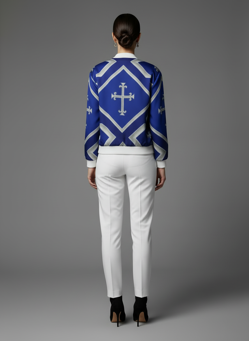 “Back view of royal blue Kingdom Luxe bomber jacket with silver cross detailing and white trim.”