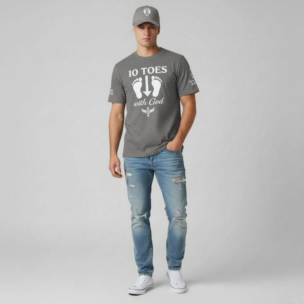 Model wearing grey 10 Toes Down graphic tee with jeans and white sneakers.