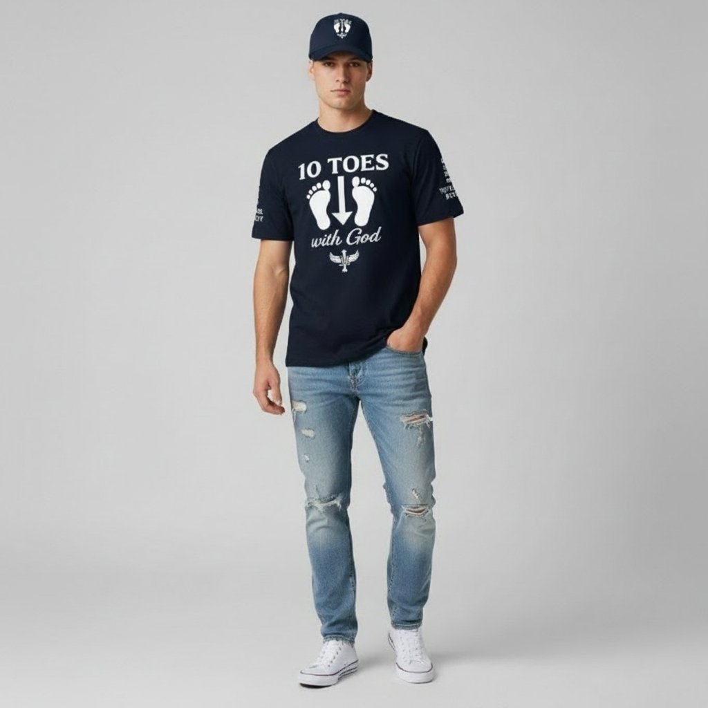 Model wearing navy 10 Toes Down tee with jeans and hat.