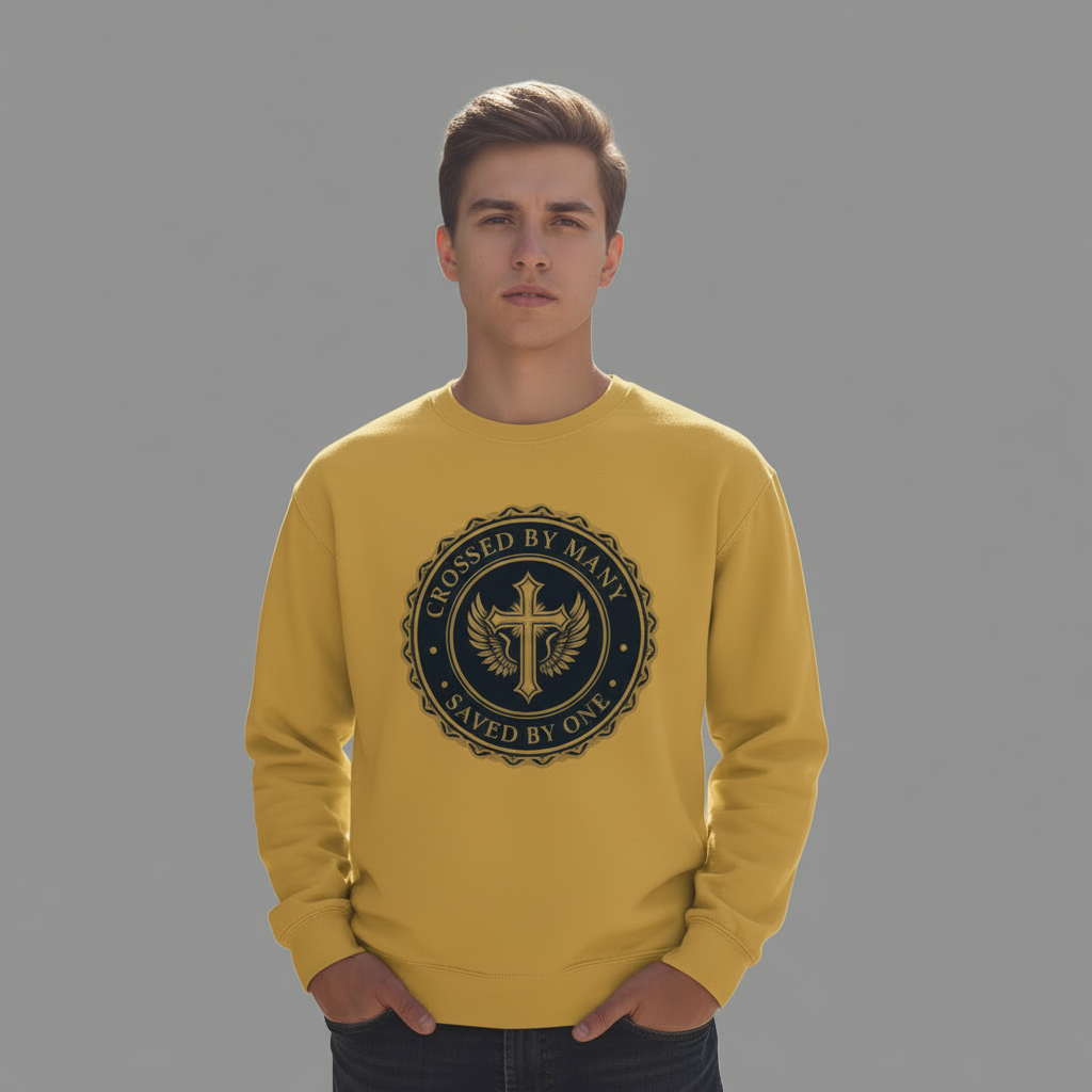 Man wearing a yellow ‘Crossed By Many, Saved By One’ crewneck sweatshirt with a navy and gold cross emblem, standing against a neutral gray background.”