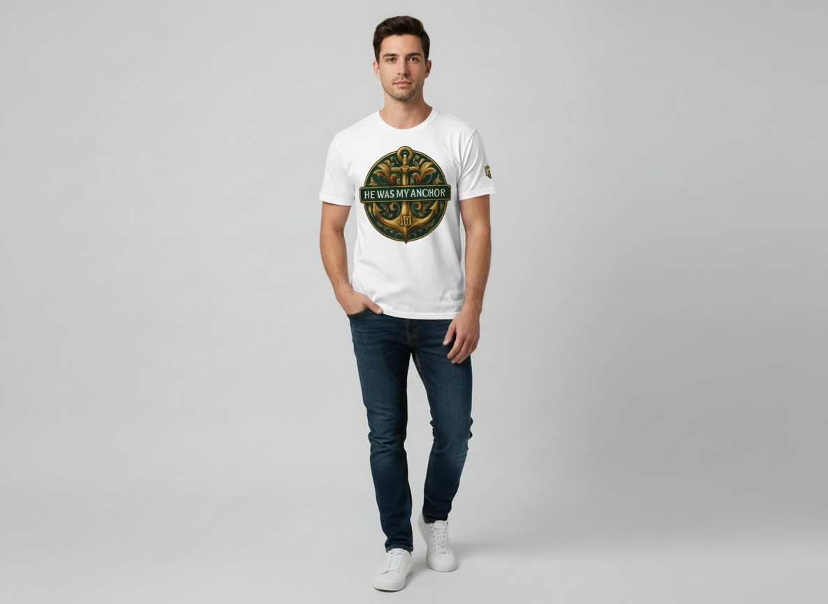 White He Was My Anchor tee featuring anchor and chain design.