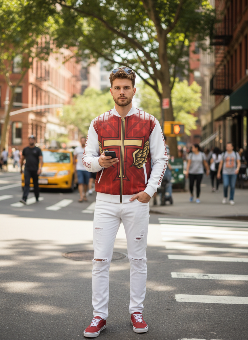 Lifestyle photo of man wearing red and white cross jacket outdoors