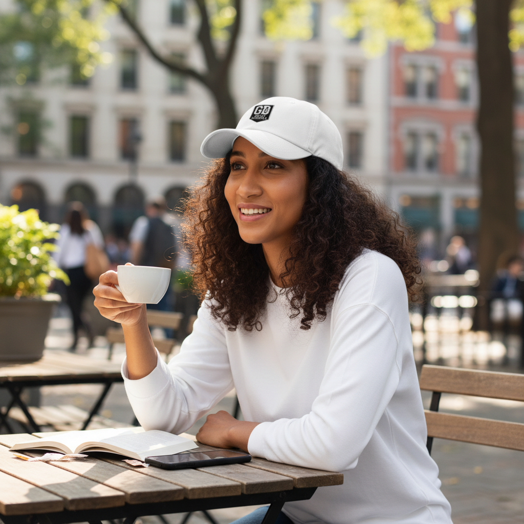 “Woman wearing the white God’s Disciple dad hat while sitting outdoors at a café.”