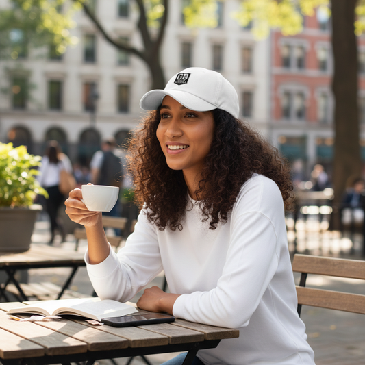 “Woman wearing the white God’s Disciple dad hat while sitting outdoors at a café.”