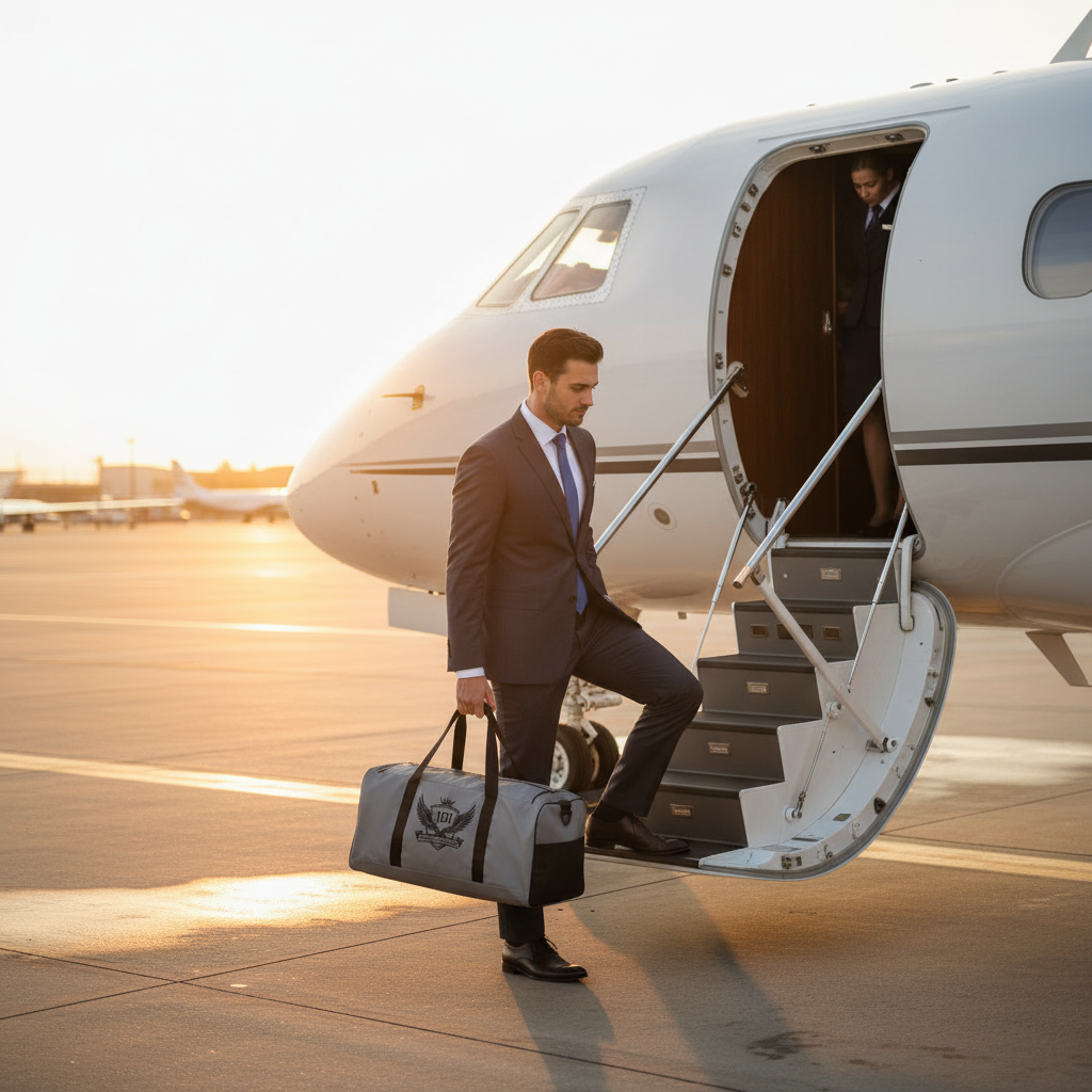 “Traveler carrying the JBI duffle bag while boarding a private jet, highlighting premium travel and CEO lifestyle branding.”