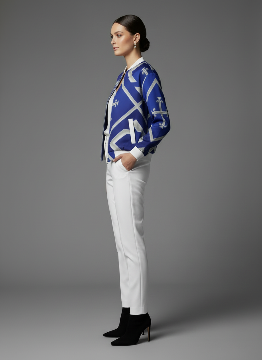 “Side view of royal blue Kingdom Luxe bomber jacket featuring silver geometric cross design.”