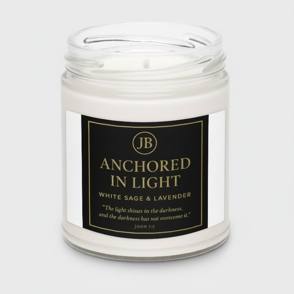 “Anchored in Light luxury candle with black and gold label, infused with white sage and lavender.”