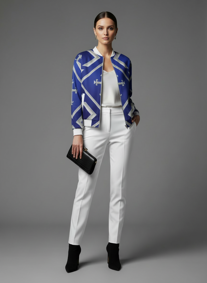 “Woman wearing a royal blue Kingdom Luxe bomber jacket with silver cross pattern, styled with white pants and black boots.”