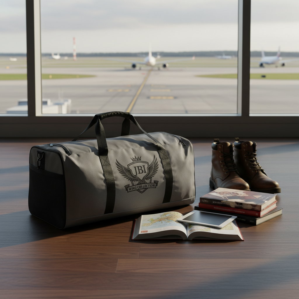 “JBI duffle bag styled in an airport lounge setting, showcasing luxury travel lifestyle and all-over crest design.”