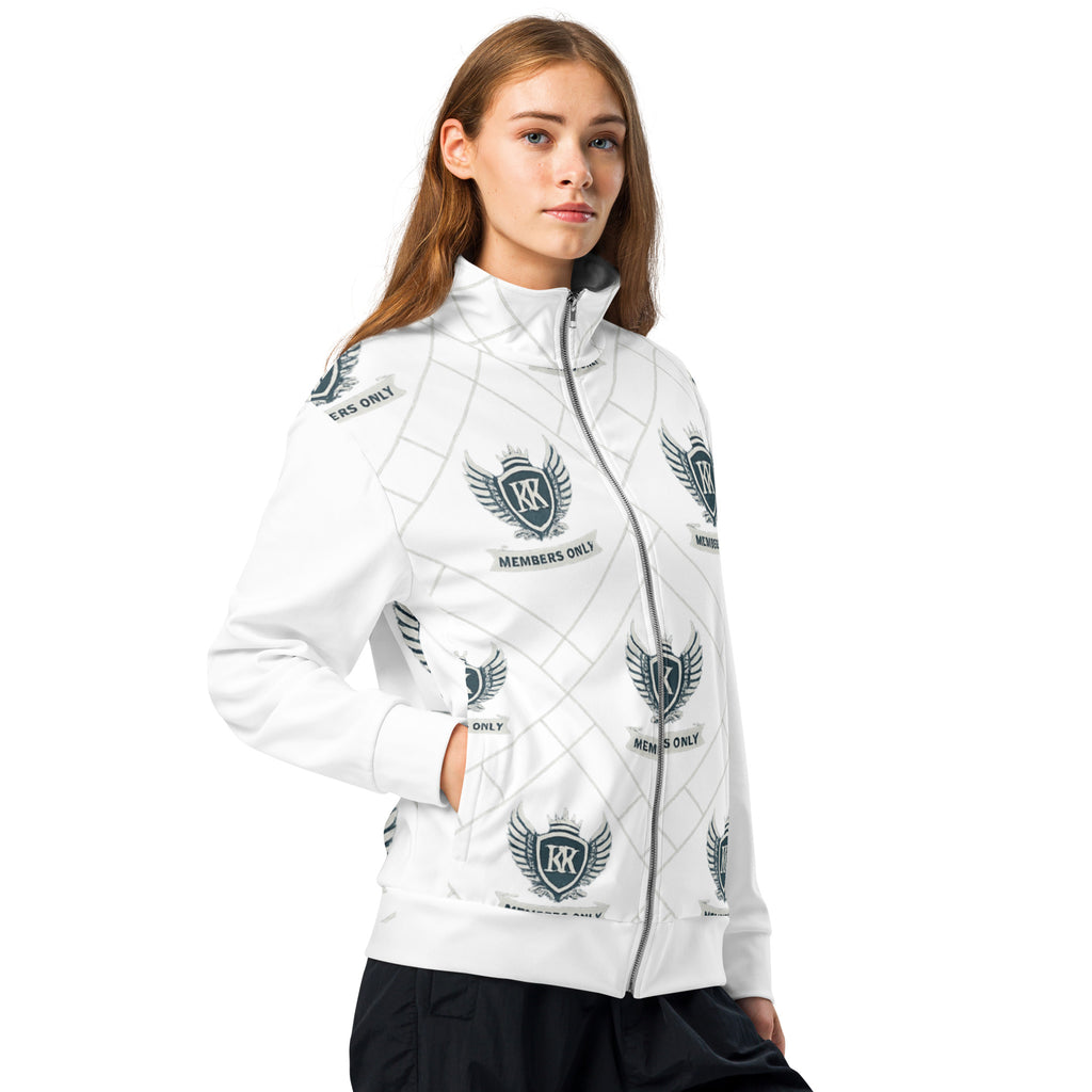 Front View (shown): White zip-up jacket with all-over printed Kingdom Krew “Members Only” crest logo featuring wings and crown, styled on a female model.