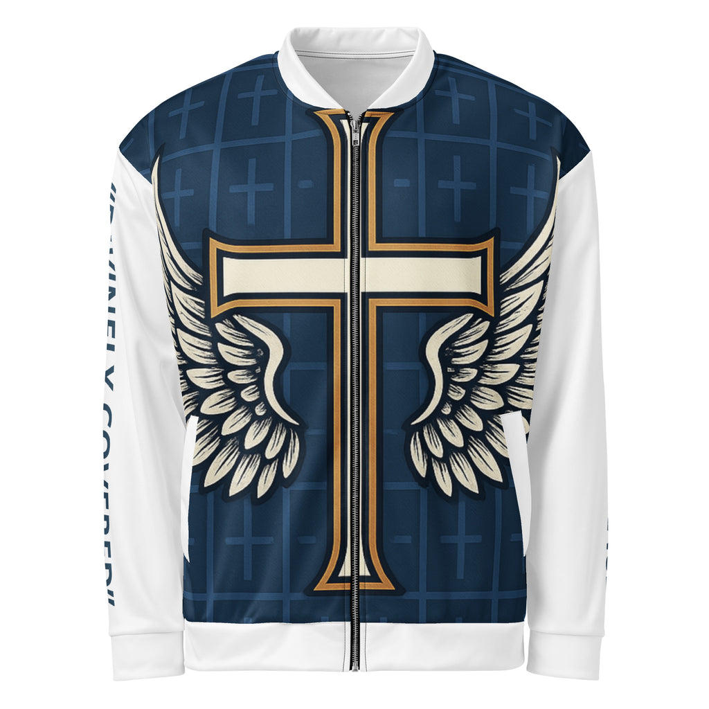 “Front view Luxury bomber jacket featuring a gold-outlined cross with angel wings on a navy background, white sleeves with ‘Protected by Grace’ vertical text.”