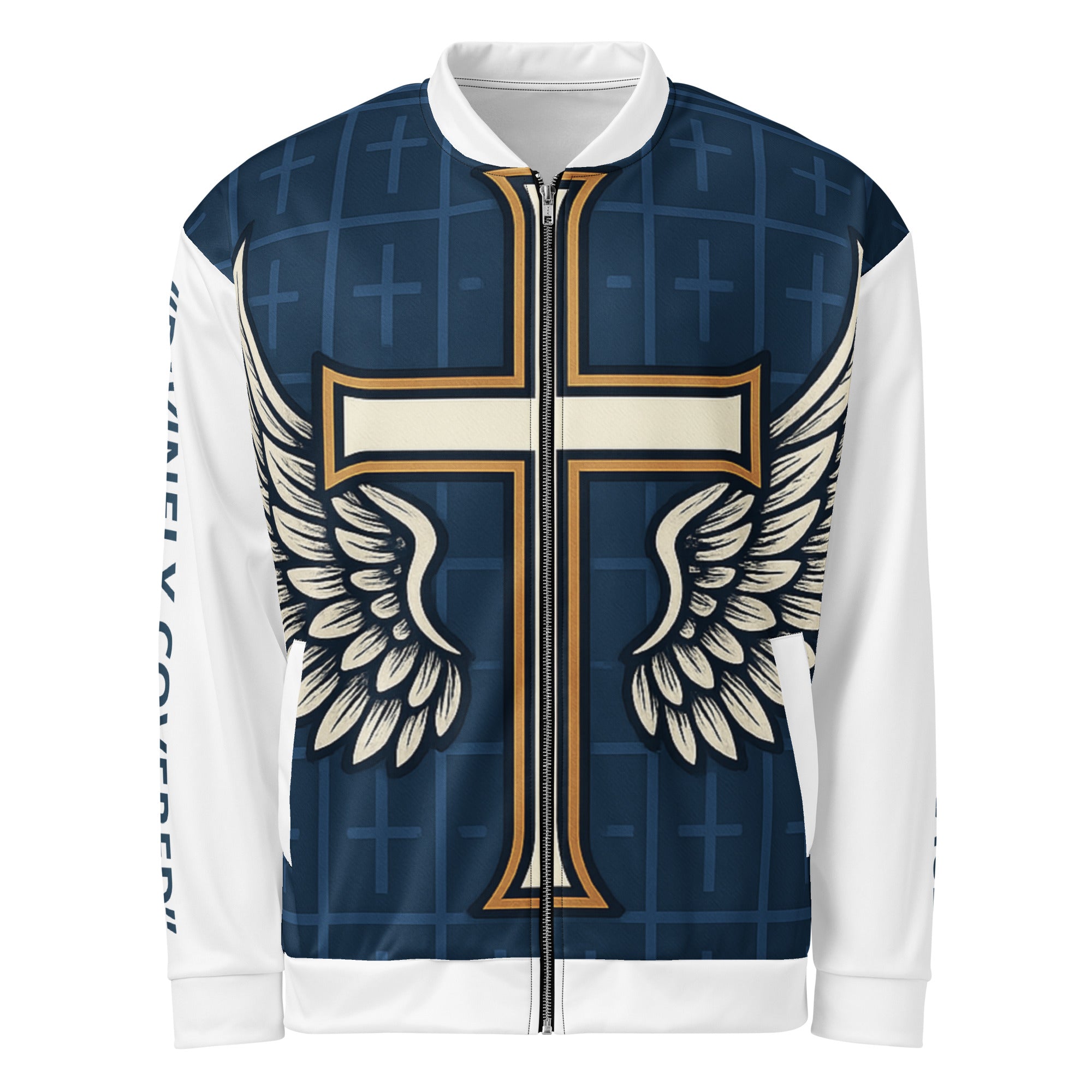 “Front view Luxury bomber jacket featuring a gold-outlined cross with angel wings on a navy background, white sleeves with ‘Protected by Grace’ vertical text.”