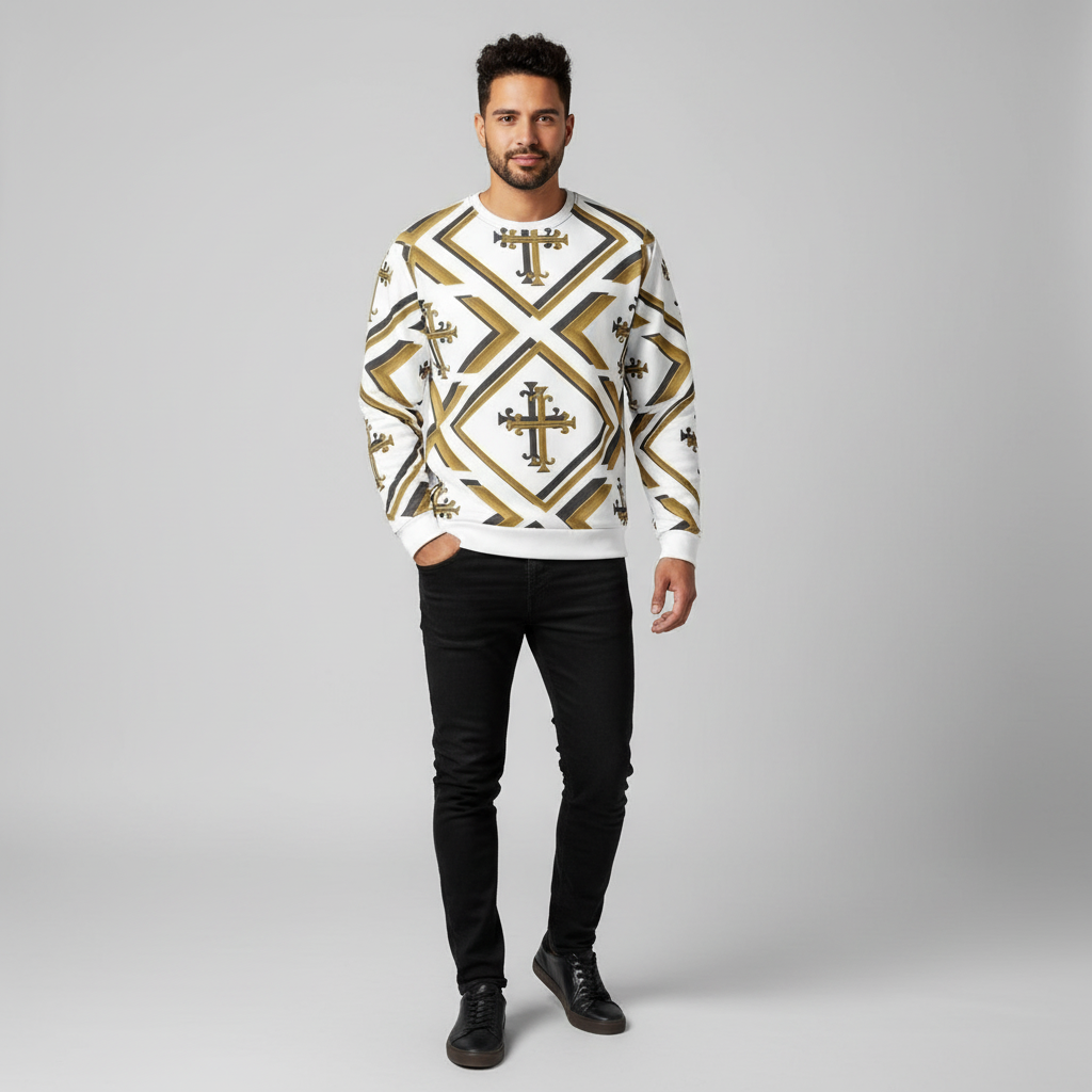 Front view “Man wearing a white and gold all-over print Kingdom Luxe Cross Sweatshirt, standing in a studio setting with front, side, and back angles, plus a lifestyle photo in a modern living room.”