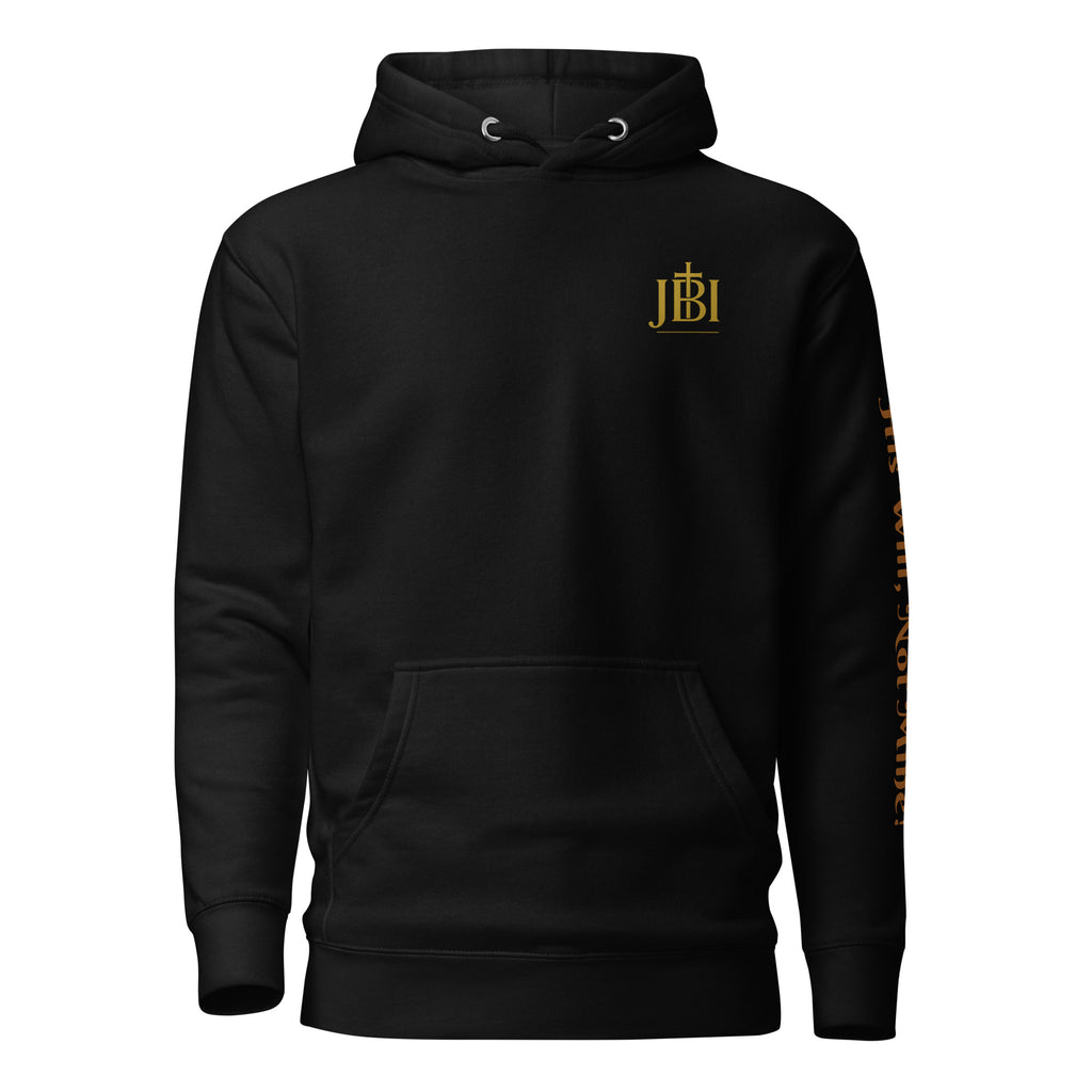 “Front view of My Story His Glory black hoodie, luxury Christian streetwear with bold faith design.”, luxury Christian streetwear with bold faith design.”