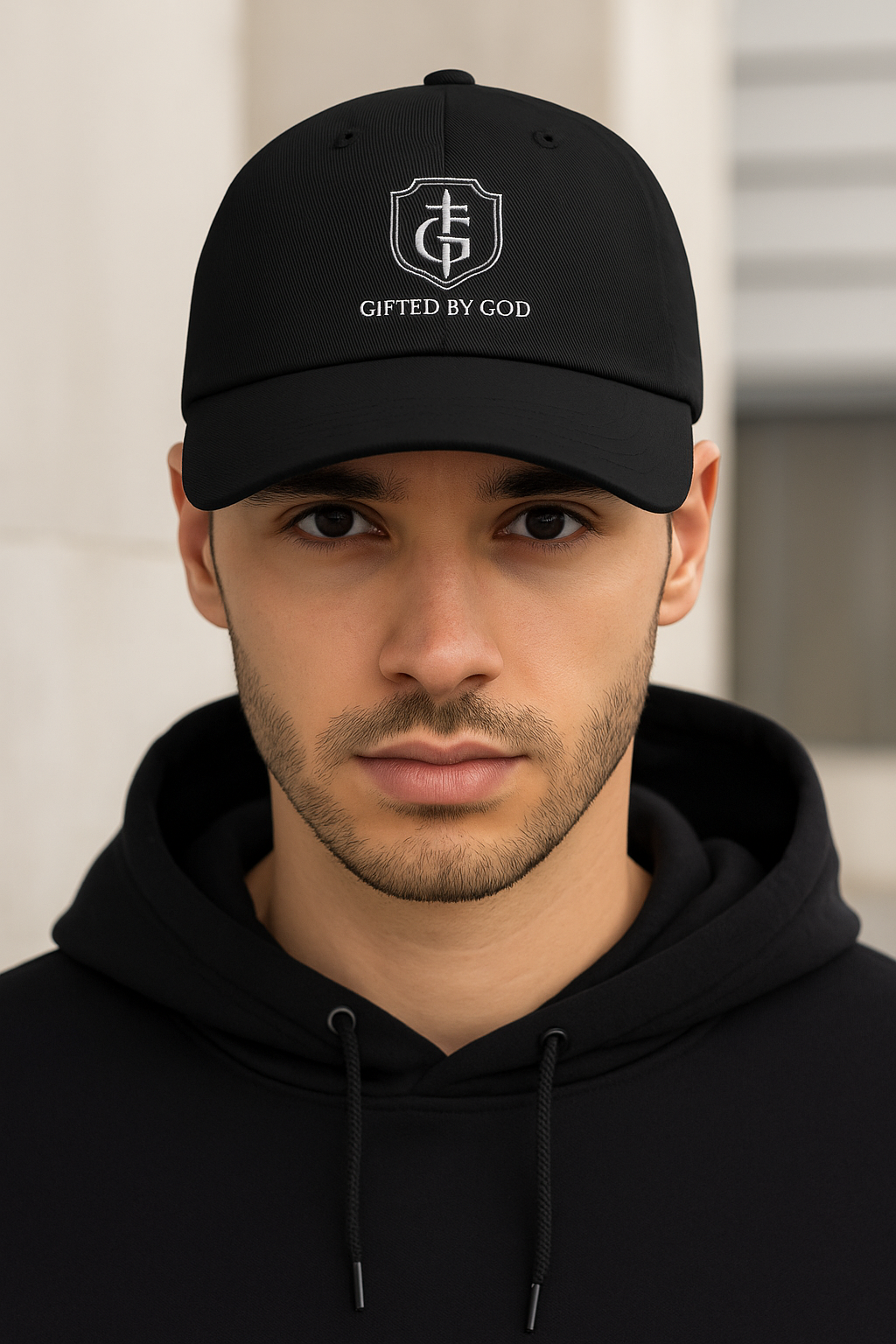 “Front view of black Gifted By God hat with embroidered shield and cross logo, luxury Christian streetwear cap.”