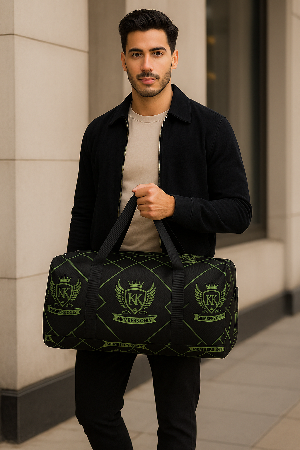 “Front view of black Kingdom Krew Members Only duffle bag with crown-and-wings crest pattern and Members Only ribbon details on straps.”