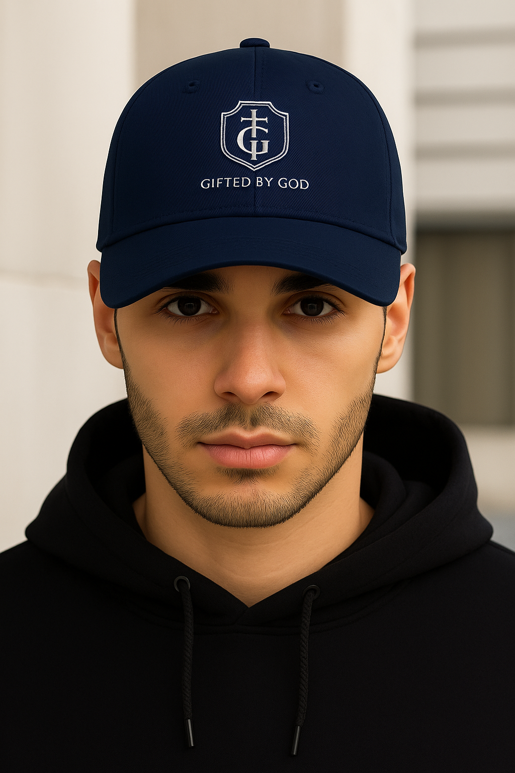 “Front view of dark navy Gifted By God hat with embroidered shield and cross logo, Christian baseball cap.”