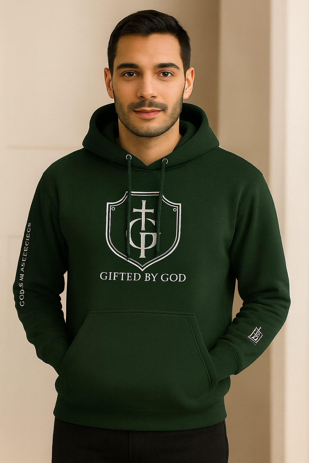 “Front view of forest green Gifted By God hoodie with printed shield and cross chest logo, God’s Masterpiece sleeve print, and JBI logo.”