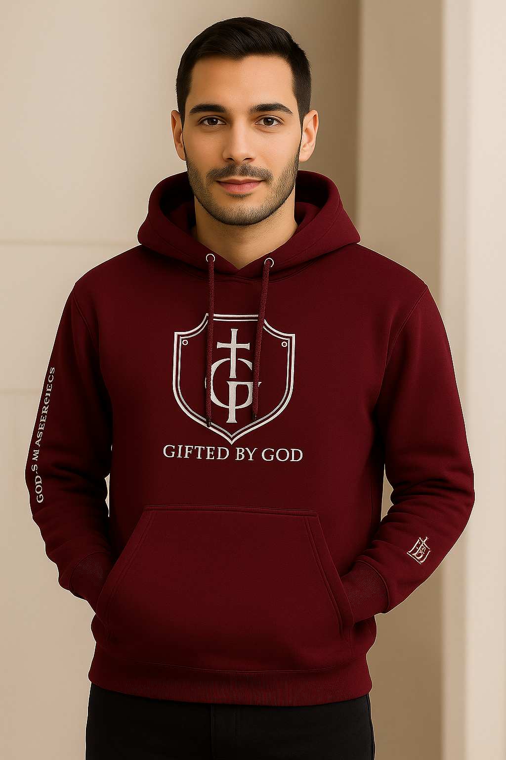 “Front view of maroon Gifted By God hoodie in maroon featuring printed shield and cross chest logo, God’s Masterpiece text on sleeve, and JBI logo.