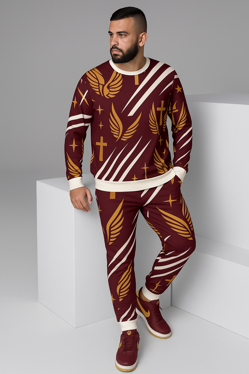 Front view of model wearing Royal Luxe Sweatshirt in maroon, luxury unisex streetwear with bold faith-inspired design.