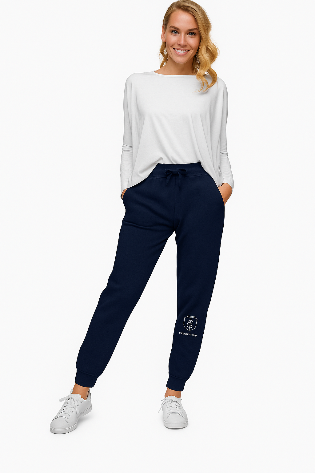 “Front view of navy Gifted by God joggers featuring shield and cross logo embroidery, Christian streetwear jogger pants.”