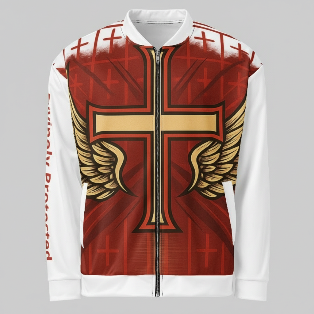 Front view of red and white cross jacket with gold wings design