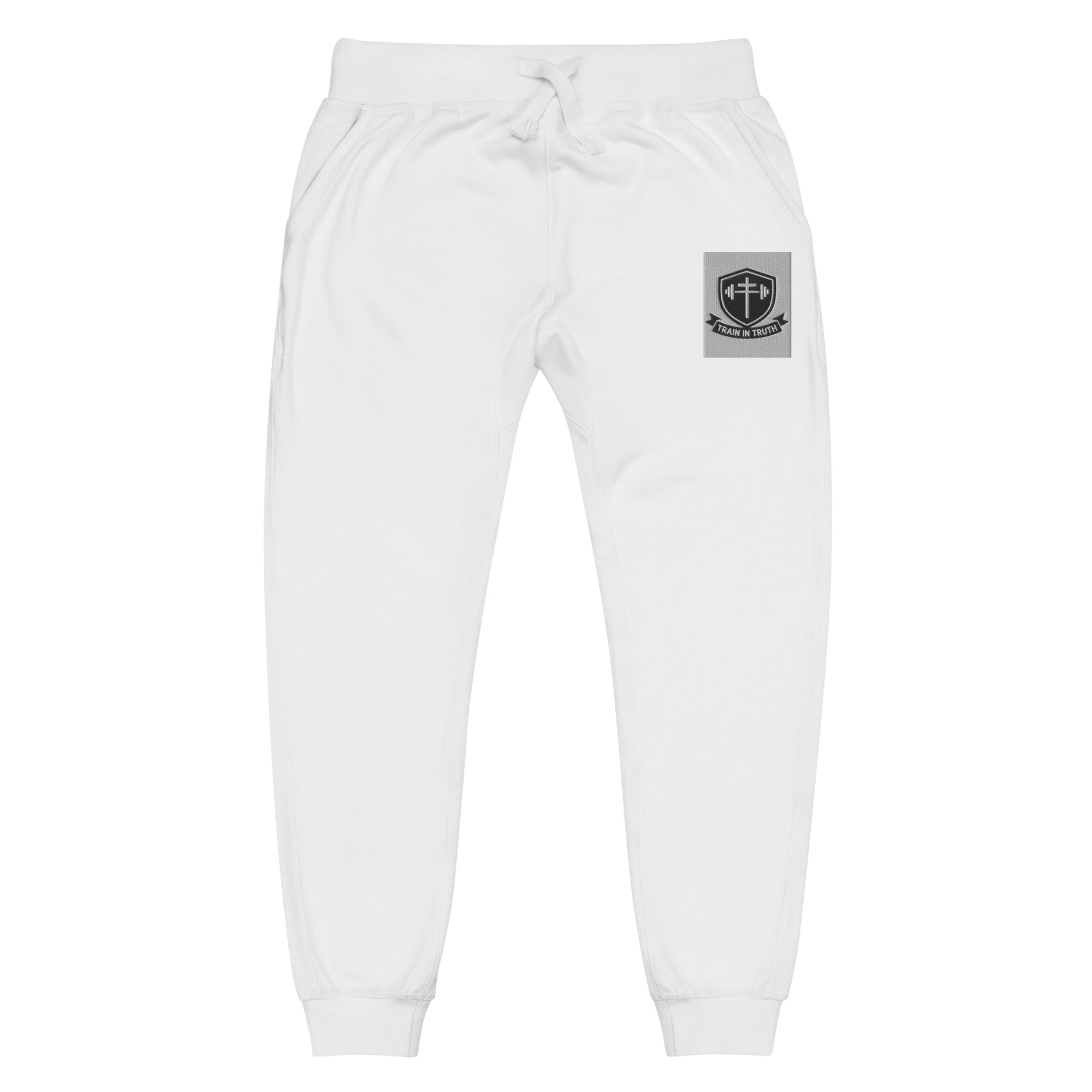 Front view of white Train in Truth Fleece Sweatpants with embroidered emblem on thigh