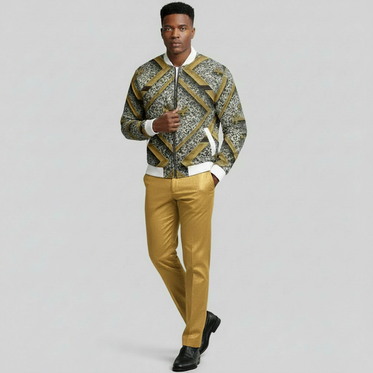 Frontview "Man walking outdoors wearing a luxury gold and grey cross-pattern bomber jacket with matching gold pants, Kingdom Luxe by JBI Apparel.”