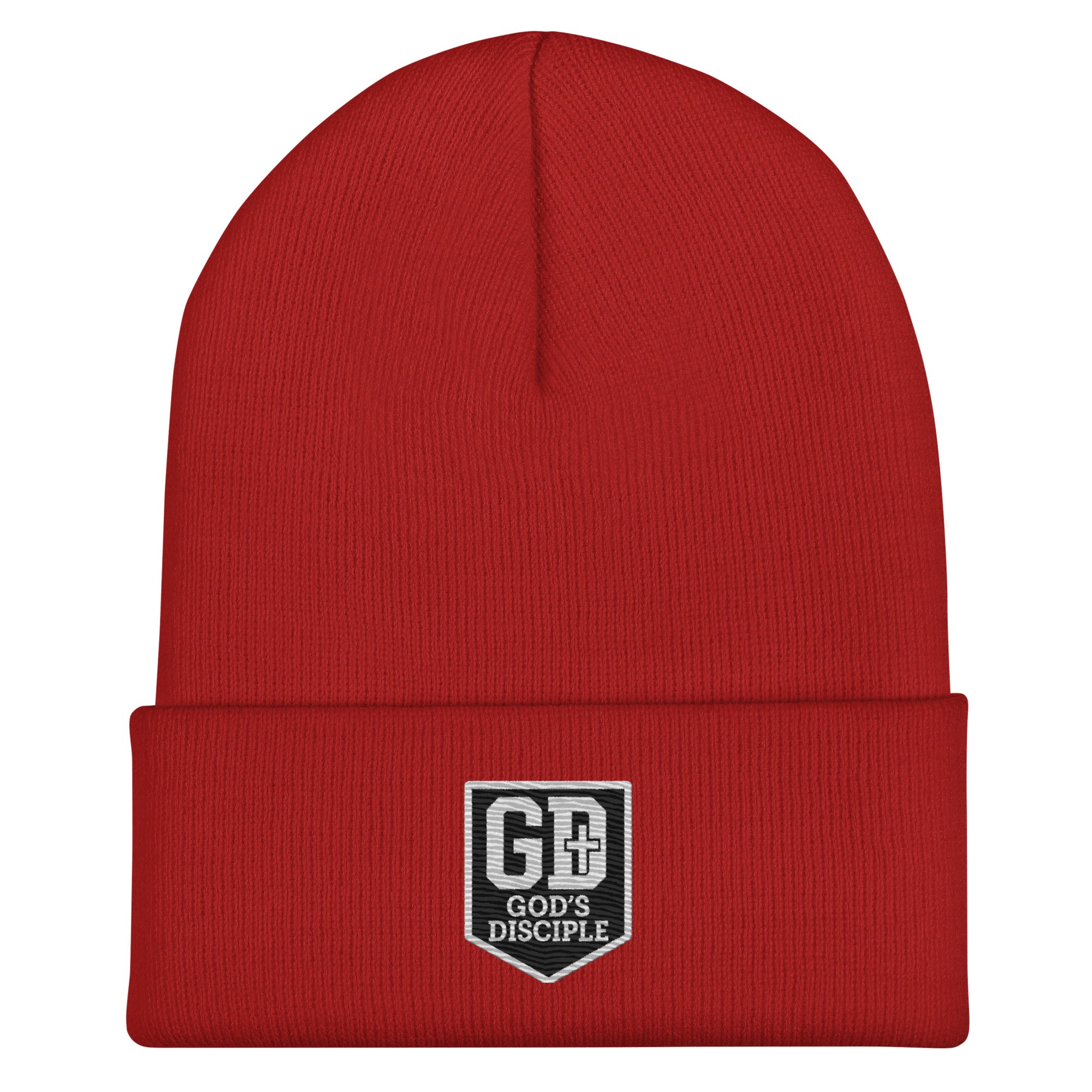 "GD Beanie in red with GD logo, a bold statement piece for any occasion."