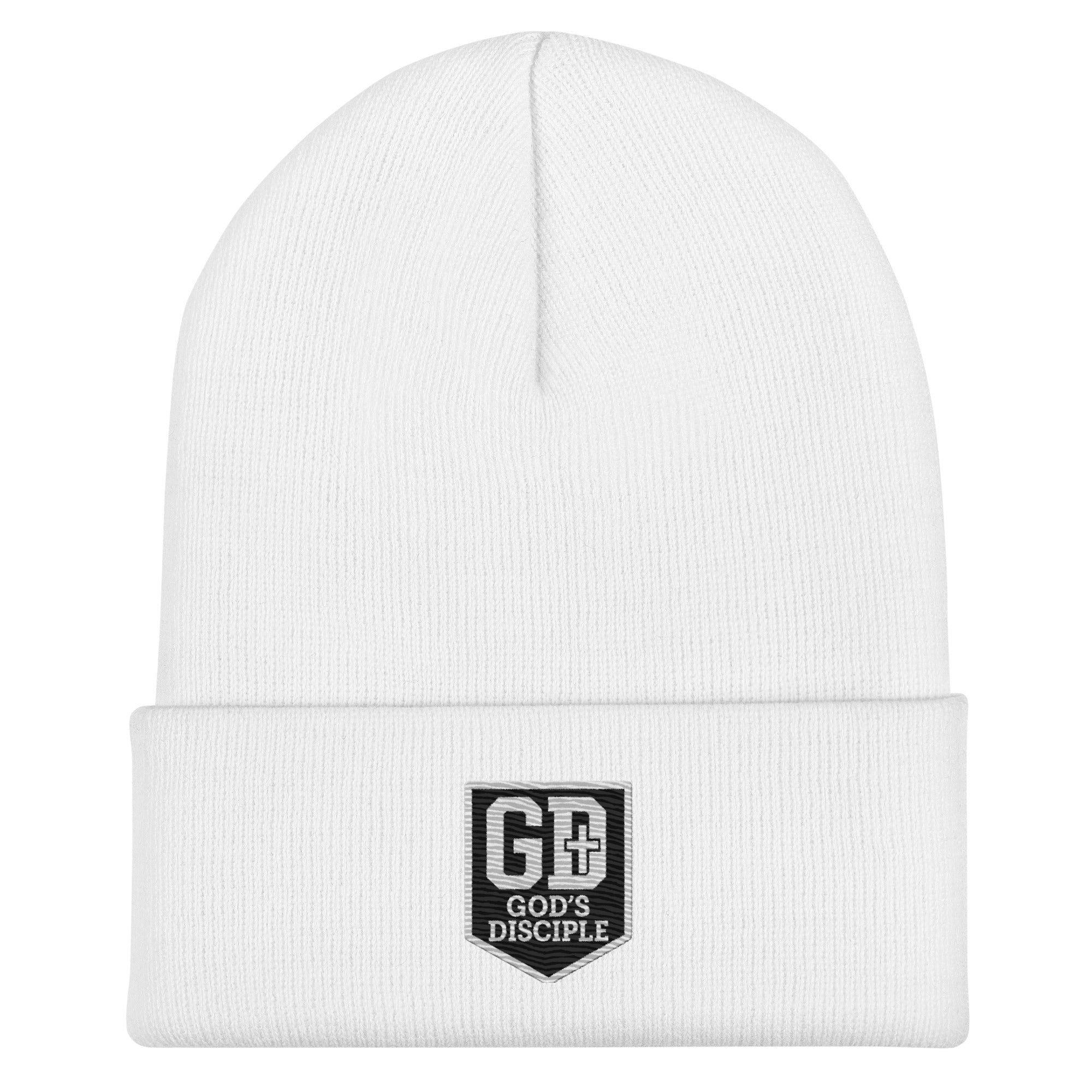 "GD Beanie in white with GD logo, a versatile and clean look for winter fashion."