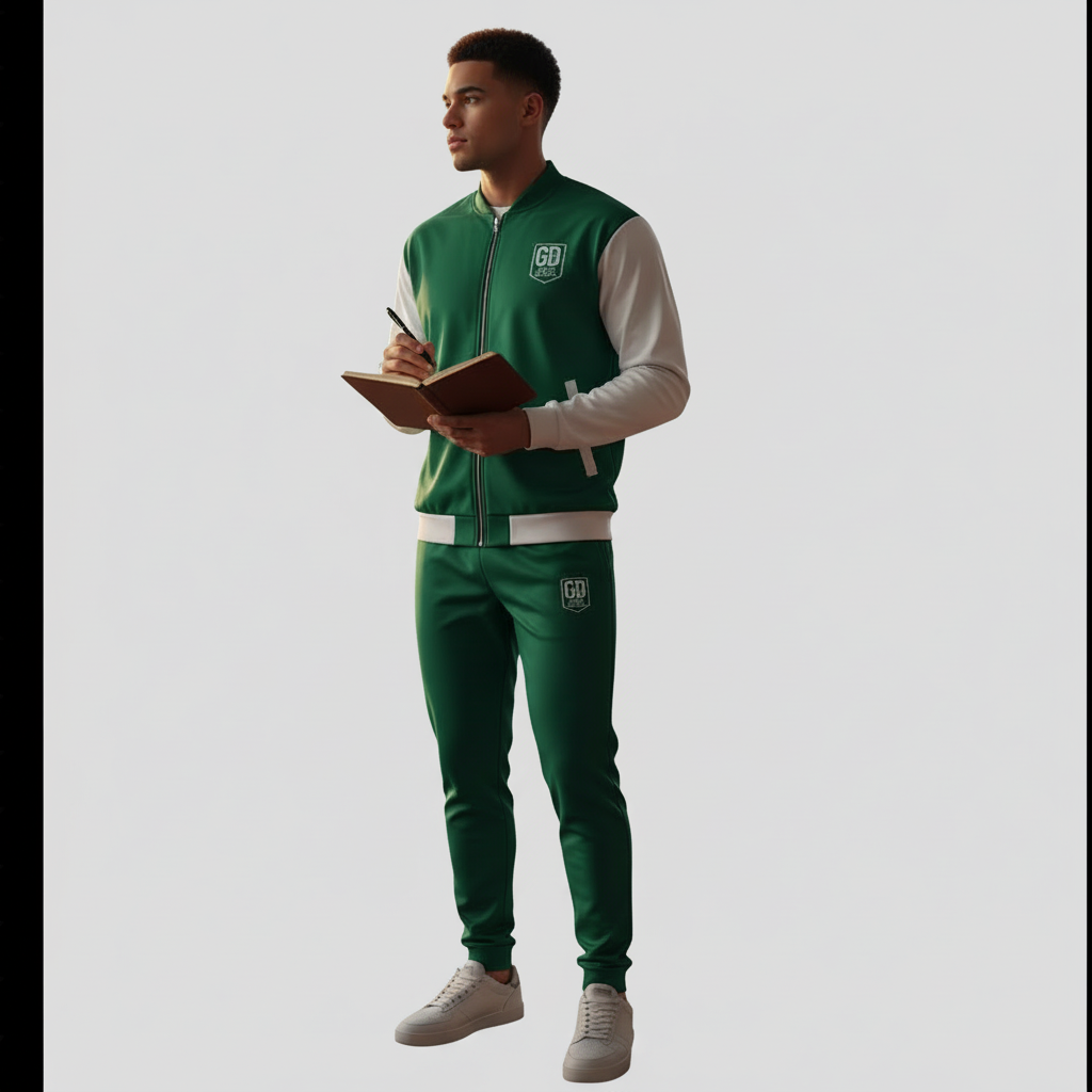 "Model wearing God's Disciple Green Bomber Jacket with GD logo, paired with matching green joggers, standing and holding a notebook in a sophisticated, purpose-driven setting."