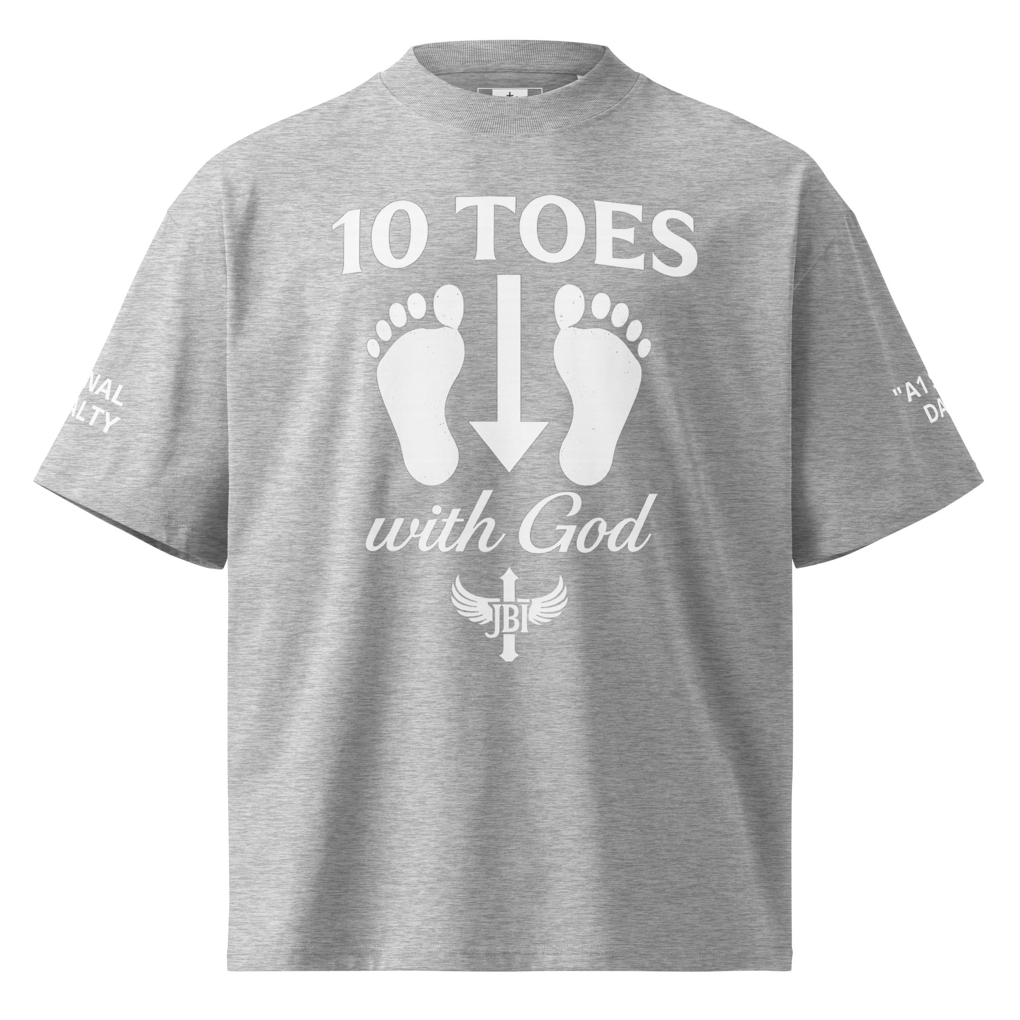 "Gray t-shirt with white 10 Toes Down with God emblem featuring two feet and the words '10 Toes with God' above and below the feet."