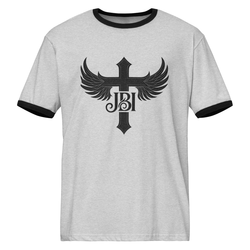 “Heather Gray JBI Wings Emblem Tee with bold black cross-and-wings logo on chest.”