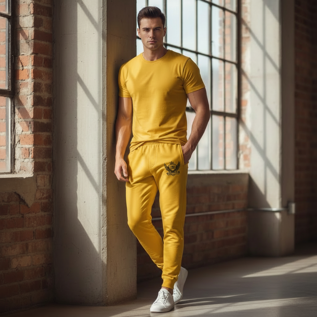 “Indoor lifestyle photo of model in yellow JBI Wing Collection joggers.”
