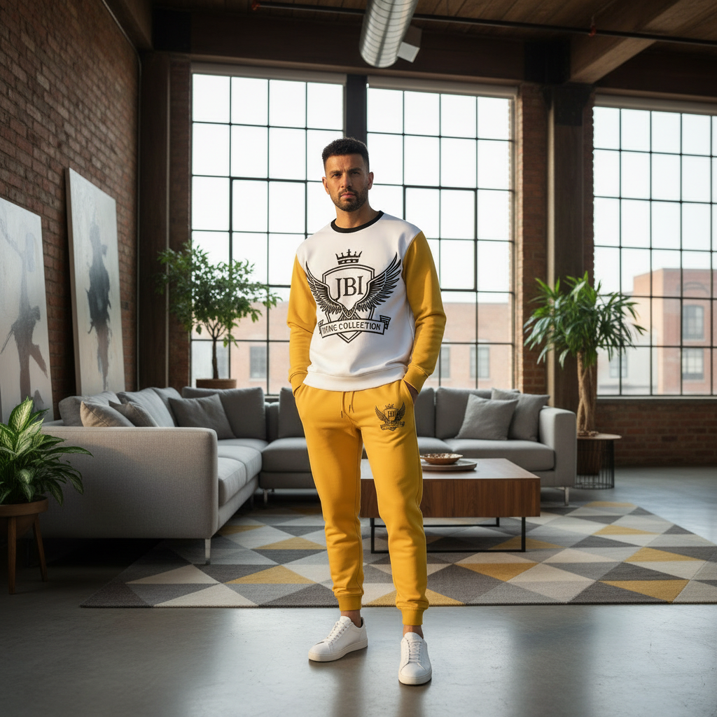 “JBI Wing Collection long sleeve and joggers styled indoors, showing premium comfort, identity design, and everyday wear.”